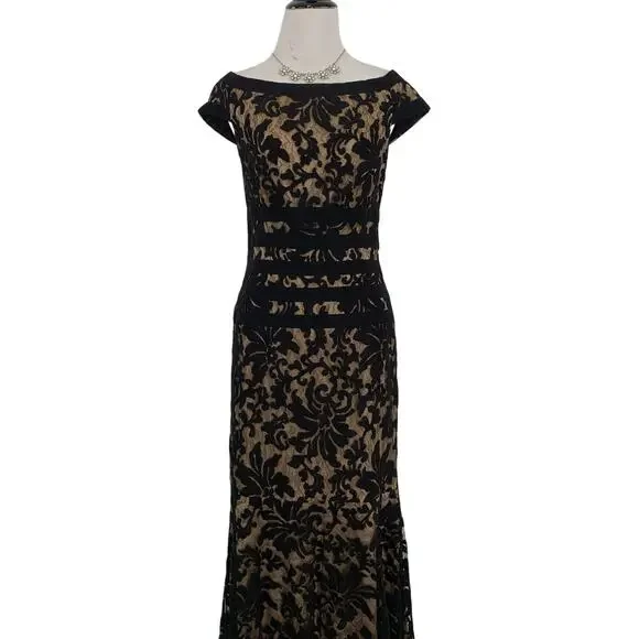 Tadashi Shoji Women Formal Short Sleeve Black Lace Gown Dress Whimsigoth Size 6